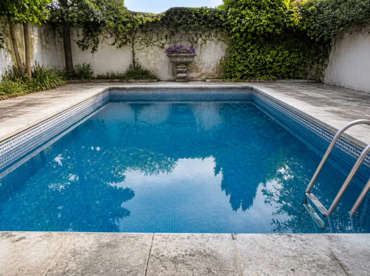 The same swimming pool restored to clear blue water and a clean tile line