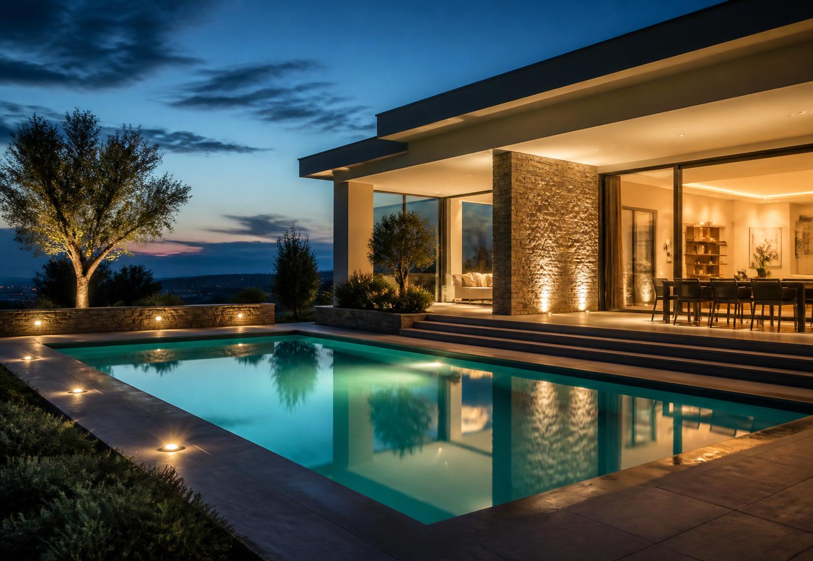 A lit swimming pool beside a contemporary house at blue hour