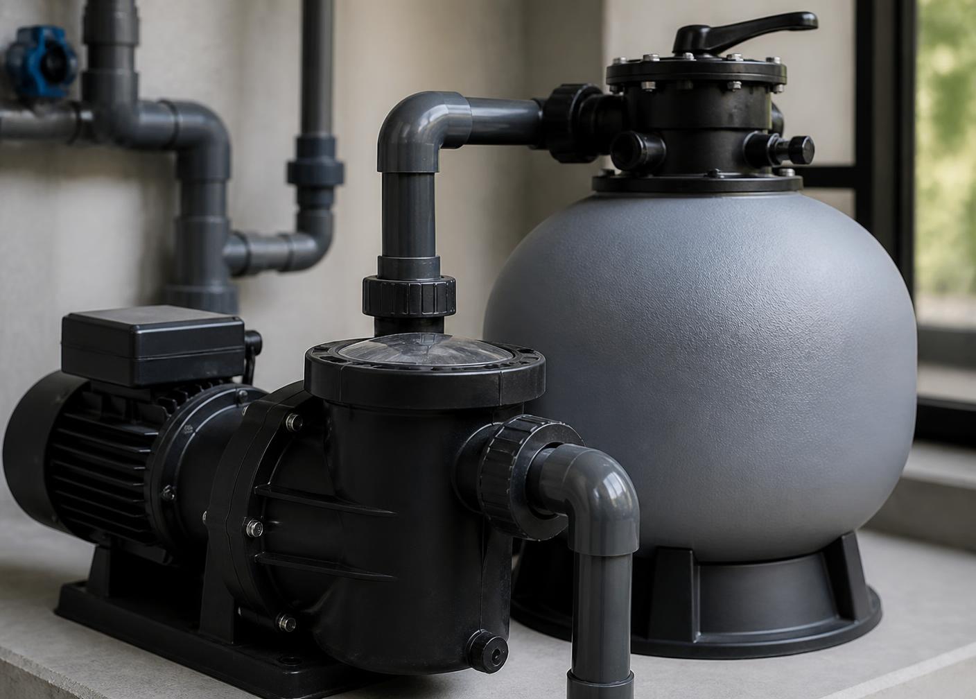 Pool pump and sand filter installed in a tidy plant room