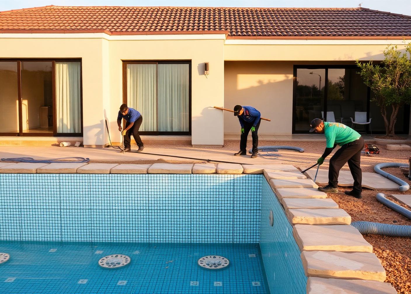 Pool installation in progress with new tiling and coping being laid